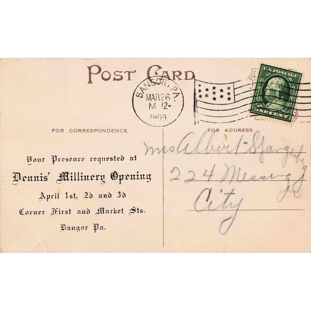 Bangor Pennsylvania PA Postcard 1908 Dennis Millinery Lady Floral Hat 1909 Used - Picture 2 of 2